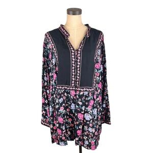Woman Within Black Floral print Women’s Long Line Boho Tunic top SZ 3X